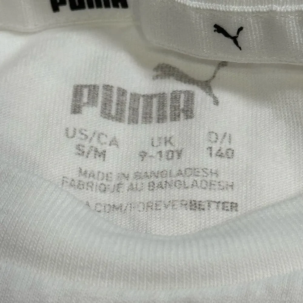White Puma Tee with Pink Logo and Crew Neck